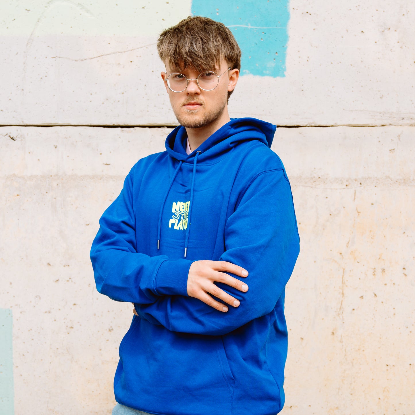 Heavyweight Hoodie worker blue mit neon Druck